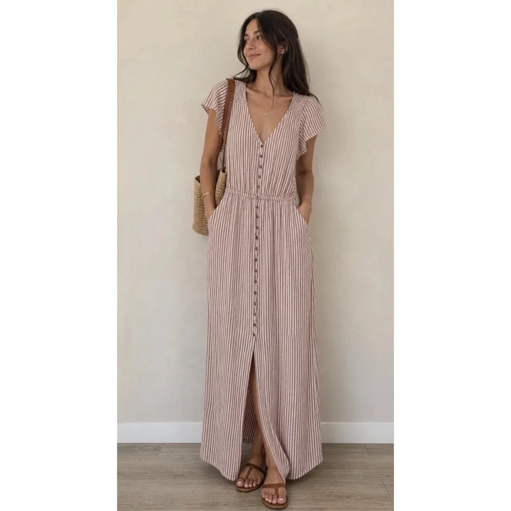 American Eagle Pink White Striped Maxi Dress Button Front Tie Waist Small - Picture 2 of 8